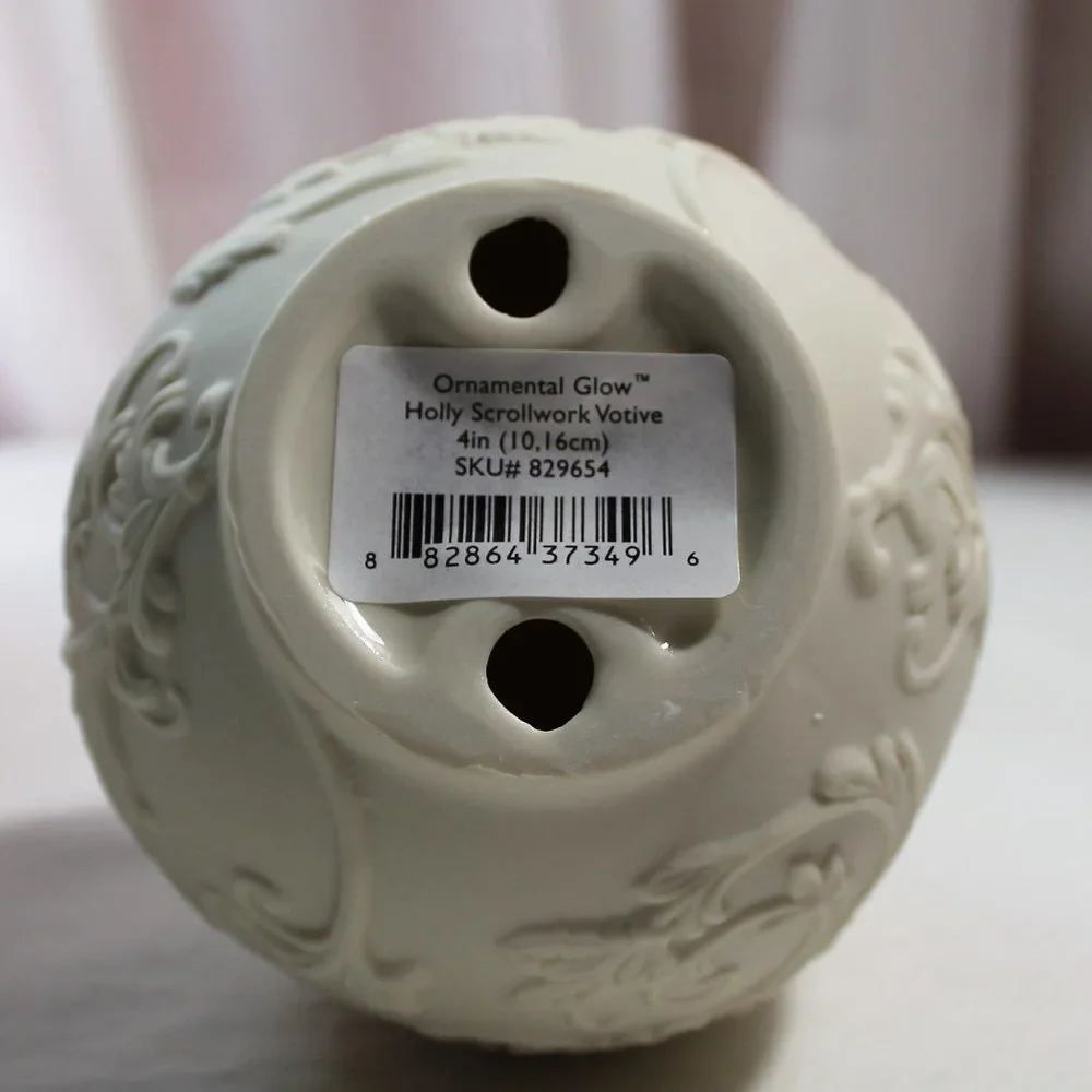 Lenox Ornamental Glow Holly Scrollwork Votive Holder, Bisque Porcelain, NIB